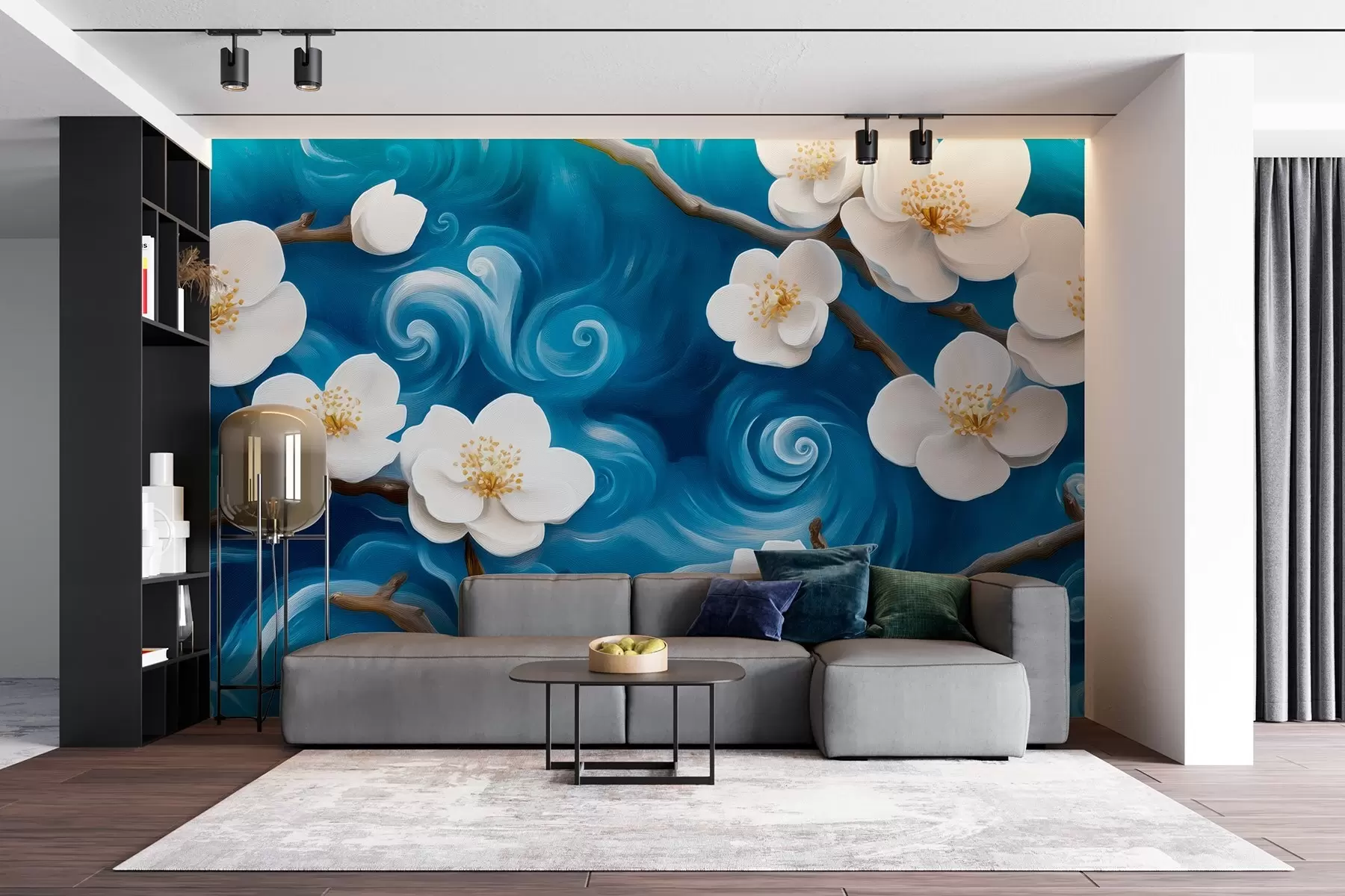 stenske poslikave Cvetoče mandljevo drevo v Van Goghovem slogu, beli cvetovi na oblačnem modrem nebu w08707