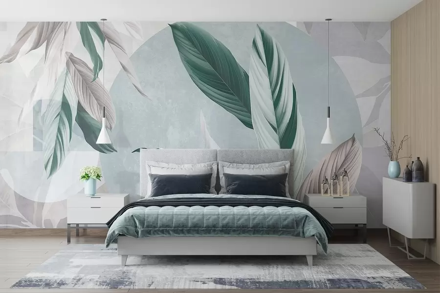 stenske poslikave Sodobna in abstraktna geometrijska tekstualna kompozicija z detajlnimi listi v odtenkih zelene, svetlo vijolične in bele barve w08741v1