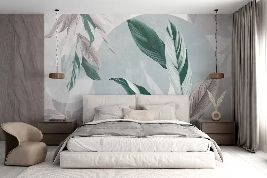 stenske poslikave Sodobna in abstraktna geometrijska tekstualna kompozicija z detajlnimi listi v odtenkih zelene, svetlo vijolične in bele barve w08741v1