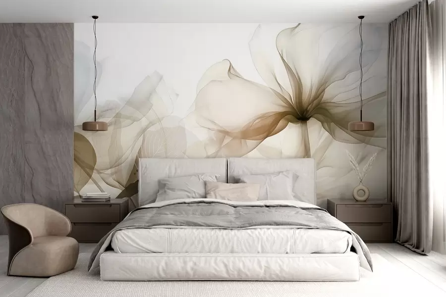 stenske poslikave Rjave abstraktne rože z mehkimi, prosojnimi tekočimi cvetnimi listi in občutljivimi detajli na belem ozadju w08742v1