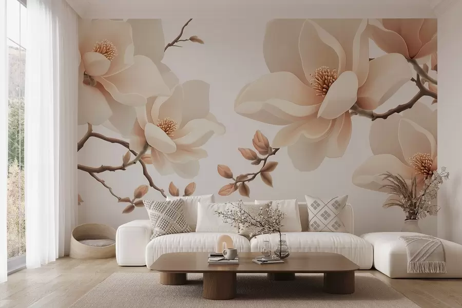 stenske poslikave Kremno obarvane veje magnolije na belem ozadju w08755