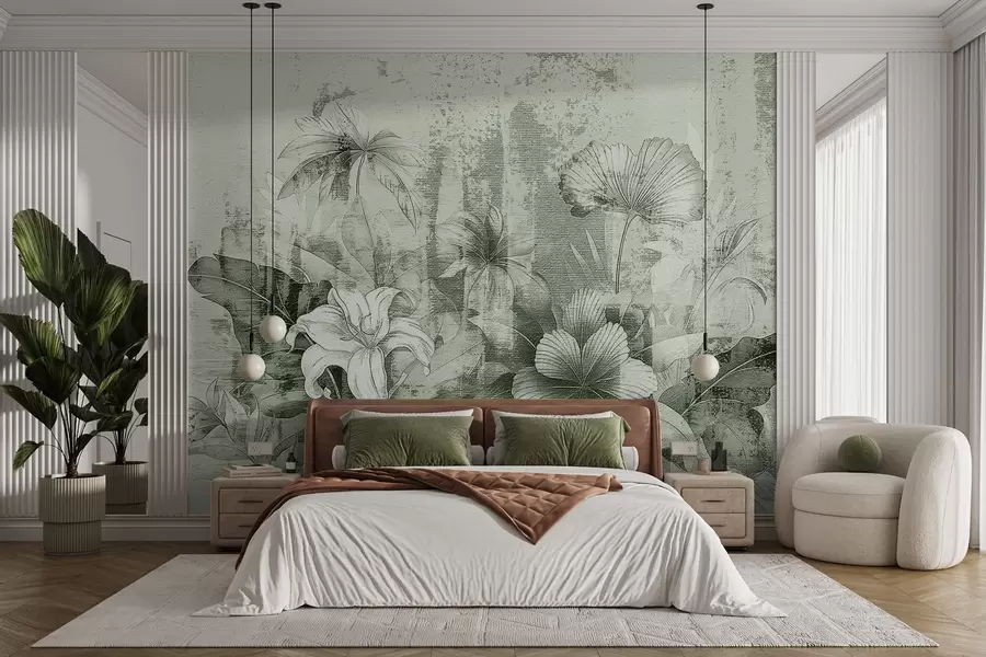 stenske poslikave Vintage dizajn z eksotičnim cvetjem in rastlinami w08767v3