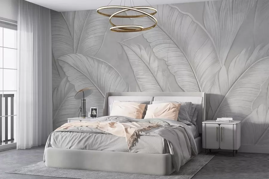 stenske poslikave Visoko teksturirani podrobni veliki tropski listi v enobarvni svetlo sivi barvi v loft slogu  w08772