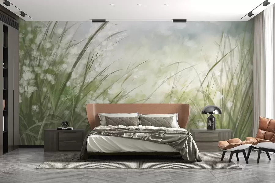 stenske poslikave Bujna zelena trava z nežnimi belimi cvetovi, mehko zamegljen tisk s svetlimi odtenki, ki ustvarja mirno pokrajino w08779