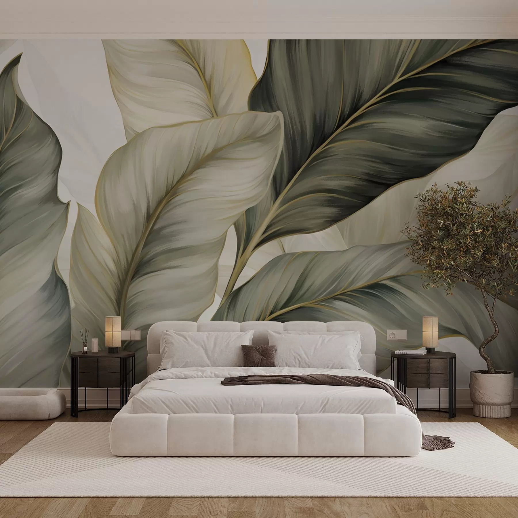 stenske poslikave Veliki, stilizirani listi s podrobnimi žilami v različnih odtenkih zelene, kremne in bež barve w08785