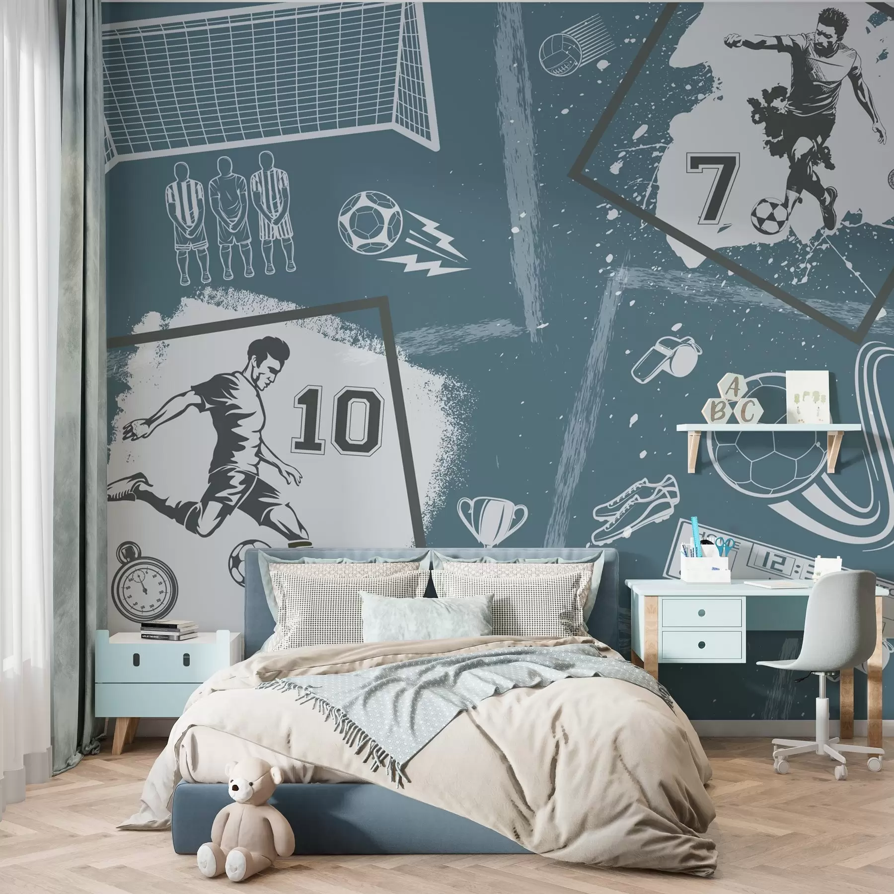 stenske poslikave Nogometaši, žoga in drugi nogometni atributi v modrih tonih w03122