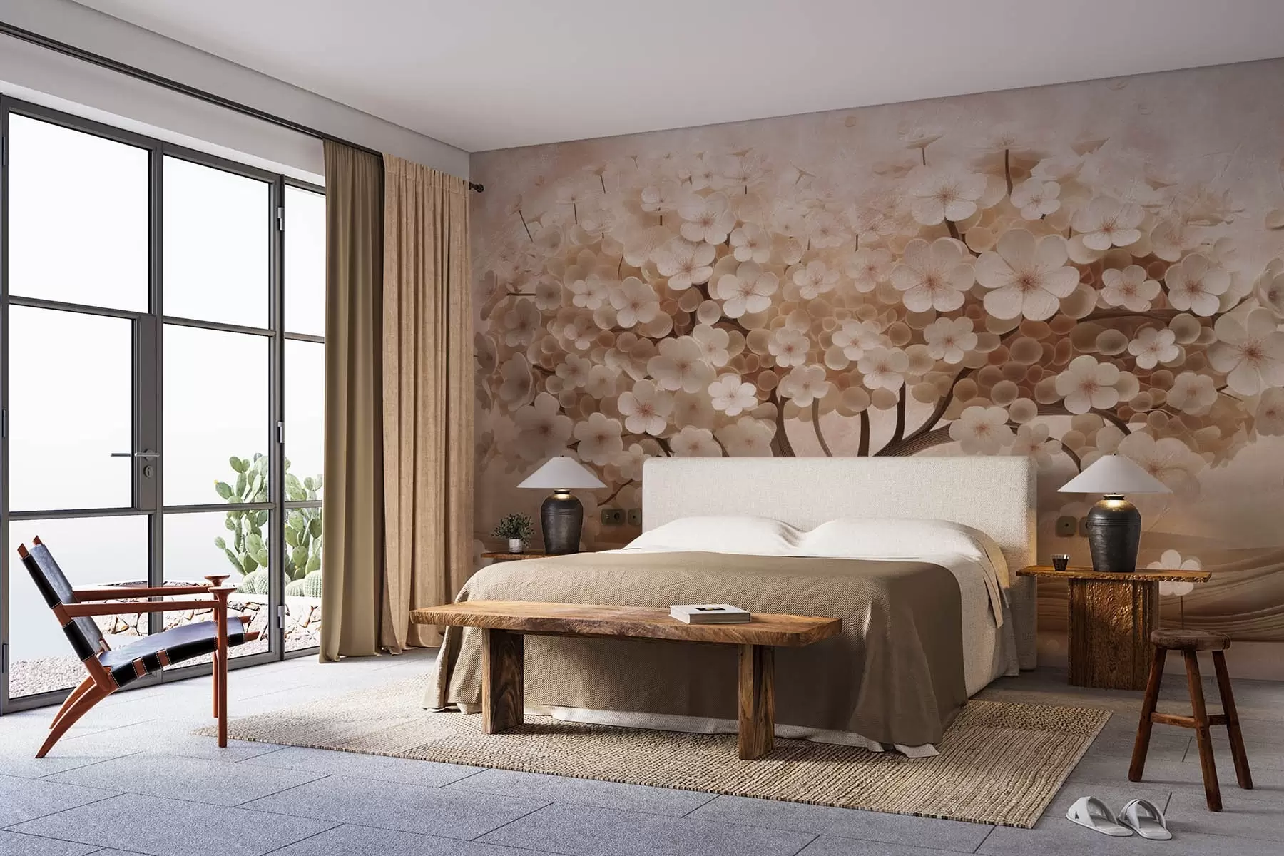 stenske poslikave Abstraktno drevo z majhnimi cvetovi na ozadju starane stene w08794