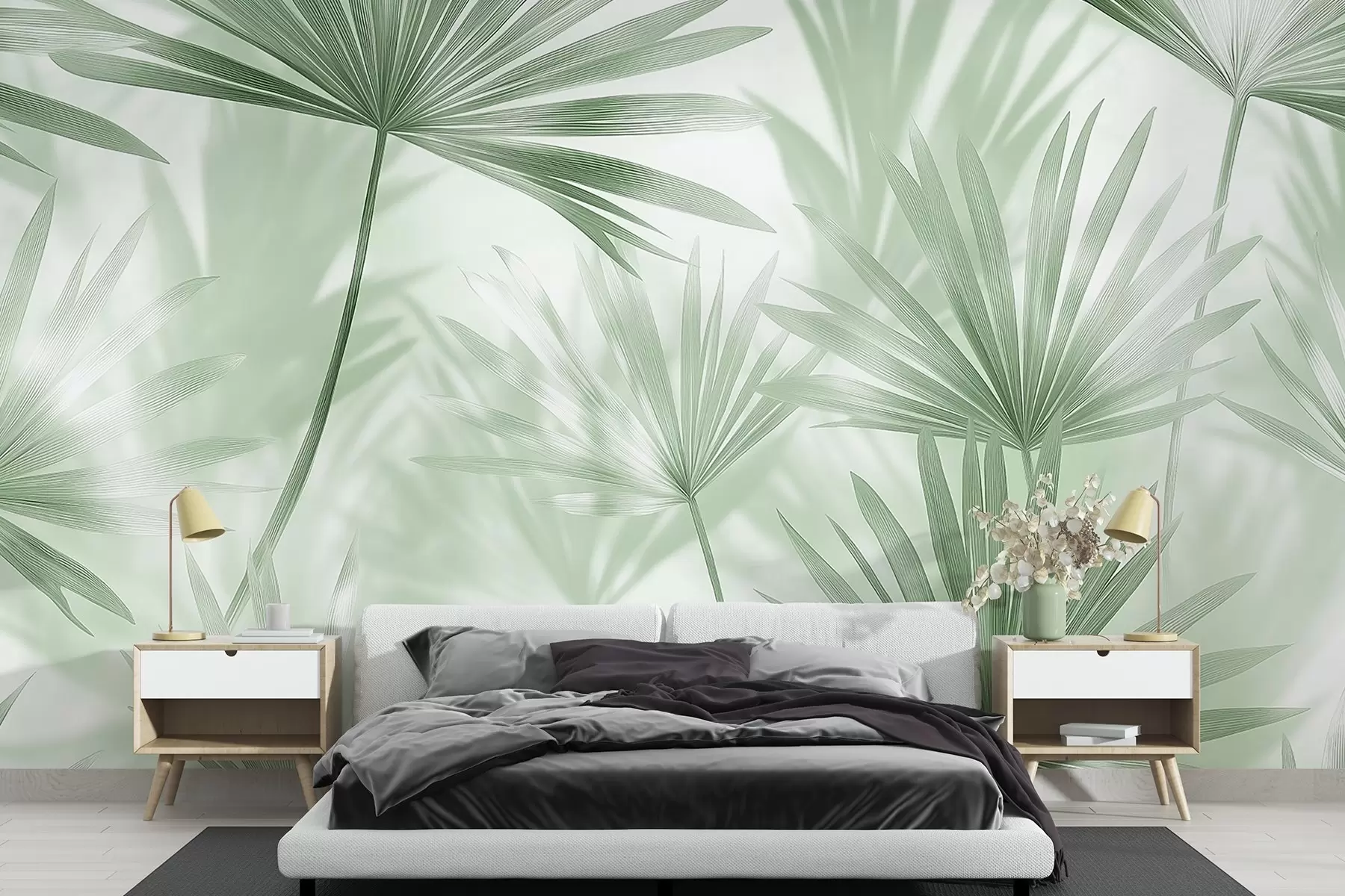 stenske poslikave Palmovi listi, cvetlični vzorec, minimalizem, tropski, zelene barve w03152v2