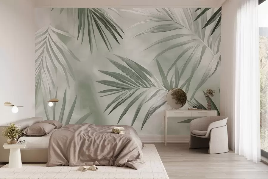 stenske poslikave Abstrakcija tropskih listov, palma, zelena barvna paleta  w03153v2