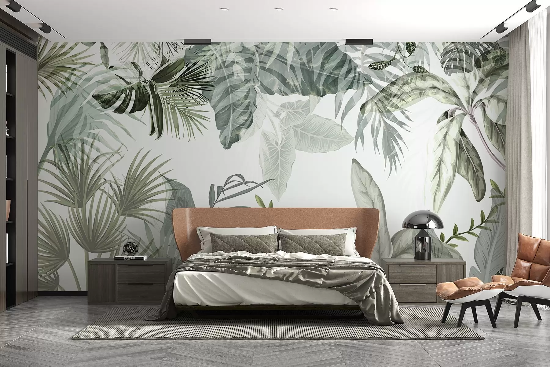 stenske poslikave Prozorni tropski listi v zelenih odtenkih na belem ozadju w08822