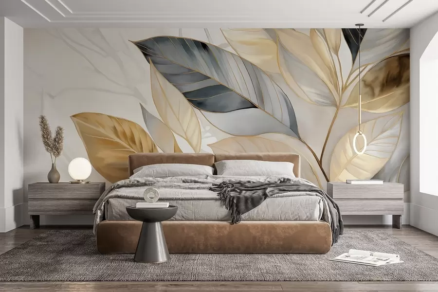 stenske poslikave Rumeni, sivi in beli občutljivi veliki listi na belem abstraktnem teksturiranem ozadju w08828