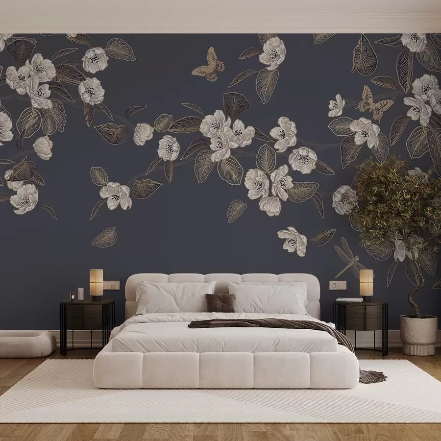 stenske poslikave Veja češnjevega drevesa s cvetovi, listi, metulji na temno sivem ozadju w08830