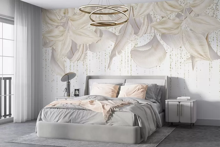 stenske poslikave Bela podrobna tekstura tropskih listov in rumenih pik na belem ozadju w08836