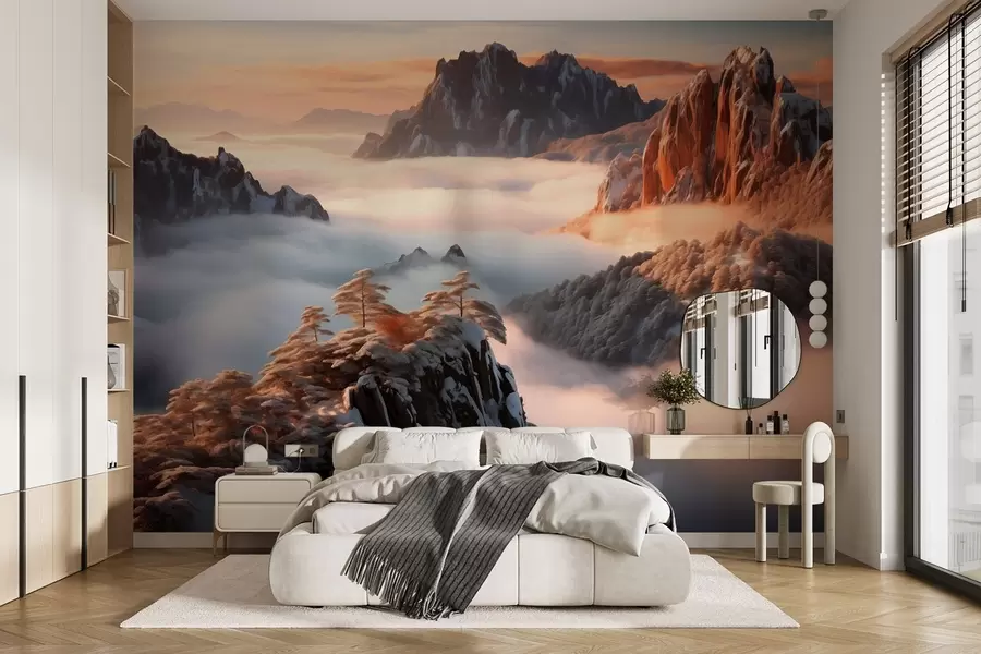 stenske poslikave Očarljiva gorska pokrajina z meglo in drevesi w08807