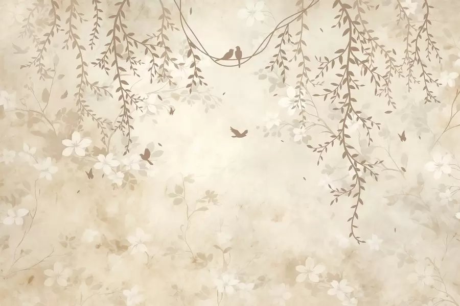 stenske poslikave Ptice z visečimi rastlinami in cvetličnim vzorcem v svetlih bež-kremastih tonih w08809