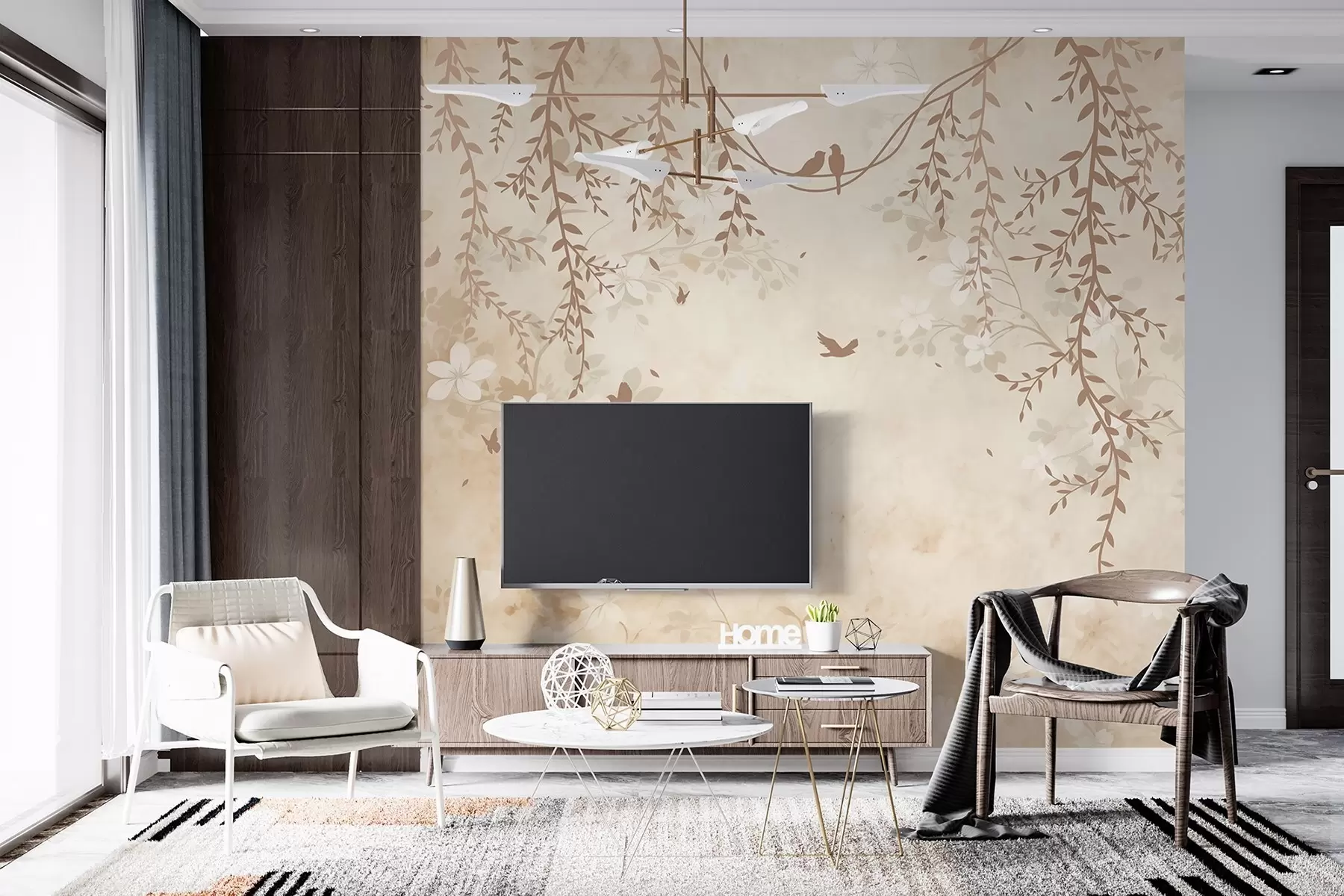 stenske poslikave Ptice z visečimi rastlinami in cvetličnim vzorcem v svetlih bež-kremastih tonih w08809