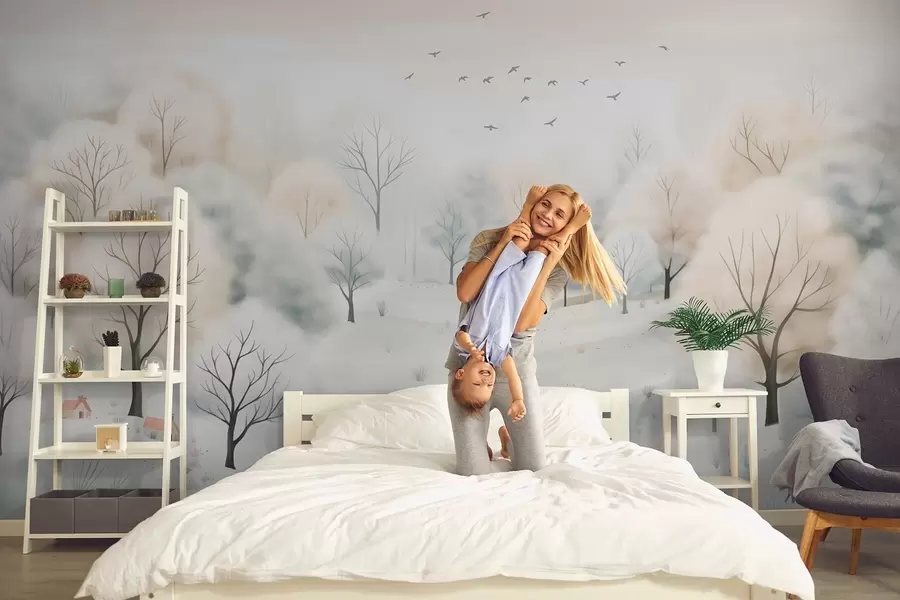 stenske poslikave Zimski gozd z drevesi, majhnimi hišami, pticami in snegom v lahkem akvarelnem slogu w08815