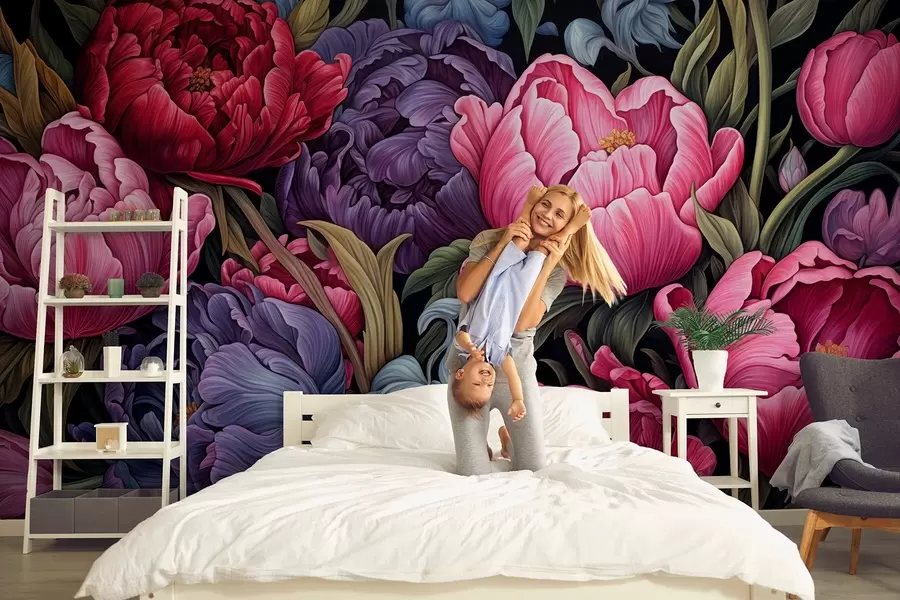 stenske poslikave Tulipani in pivonke v viktorijanskem slogu, v roza in vijoličnih barvah w08818