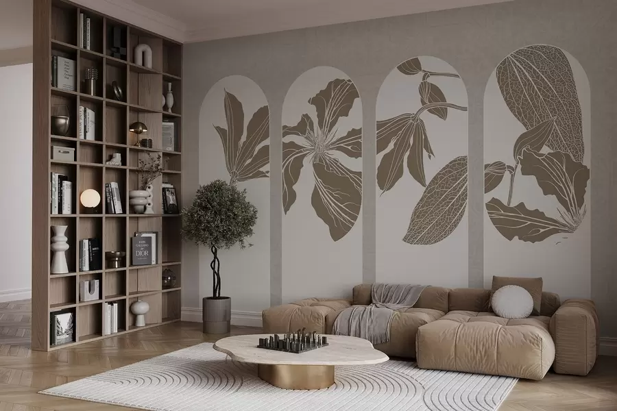 stenske poslikave Elegantni loki s cvetličnimi vzorci v bež in beli barvi na bež ozadju, minimalistični slog w08866