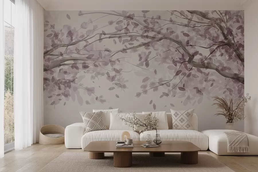 stenske poslikave Cvetoče veje z rožnatimi listi, mehke barve, občutljive podrobnosti, akvarelni slog, na svetlem ozadju w08867