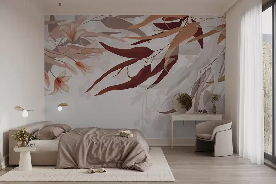 stenske poslikave Evkaliptusovi listi v odtenkih bordo, bež in bele barve z nežnimi cvetovi in vejami na belem ozadju w08887