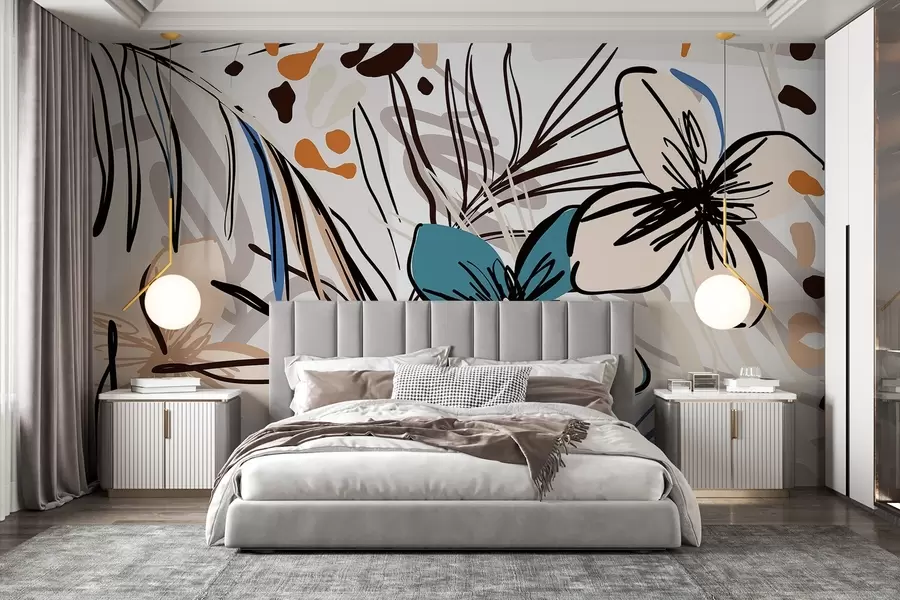 stenske poslikave Sodoben abstraktni tisk s tropskimi palmovimi listi, modrimi in bež cvetovi, črnimi črtami, svetlim ozadjem w08889