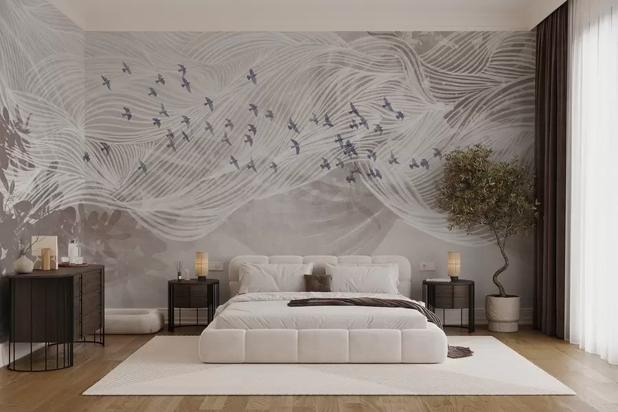 stenske poslikave Jata ptic, ki letijo nad abstraktno linijsko umetnostjo pokrajine, teksturirane bež valovi, mehke barve , minimalistično oblikovanje  w08898
