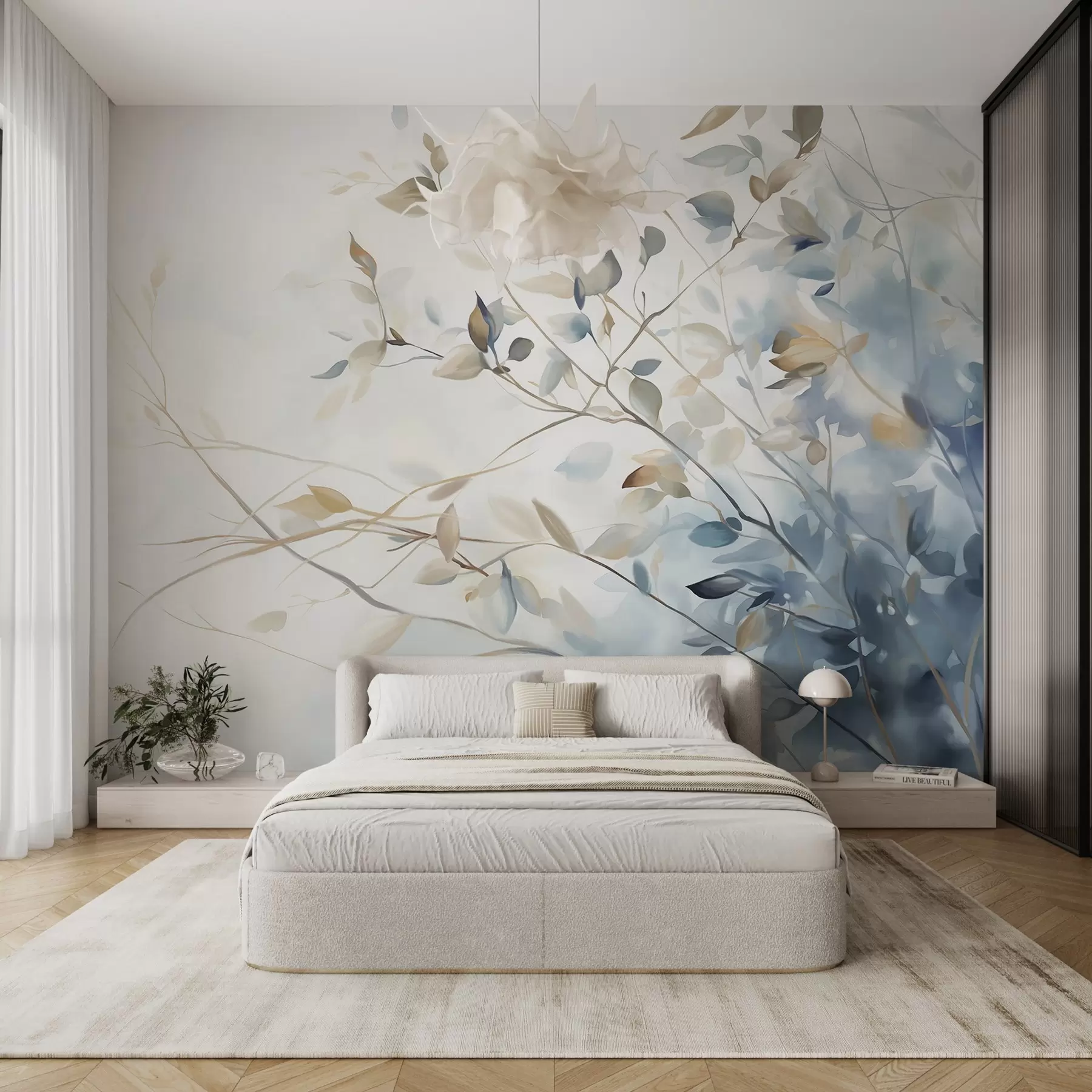 stenske poslikave Veje z listi v modrih in rjavih tonih, svetlo ozadje, mehko in občutljivo, akvarelni slog  w08900