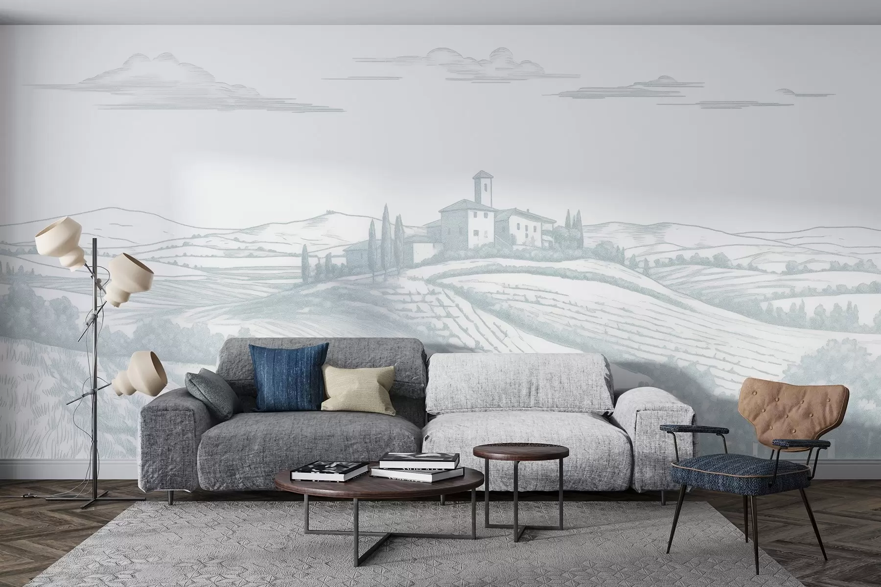 stenske poslikave Toskana pokrajine, Italija, vinogradi, narava, stari grad, modre barve w03349v1