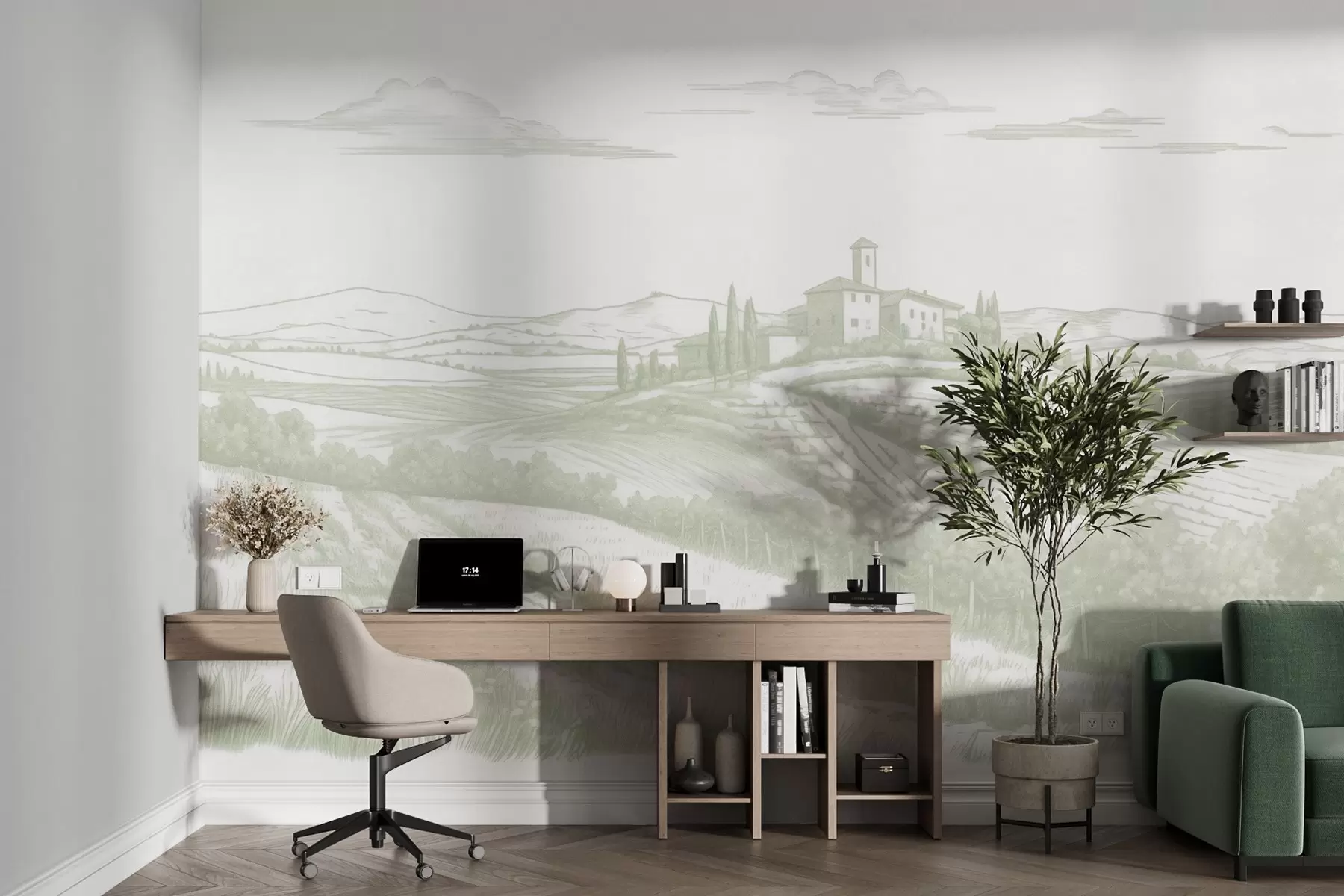 stenske poslikave Toskana pokrajine, Italija, vinogradi, narava, stari grad, zelene barve w03349v2