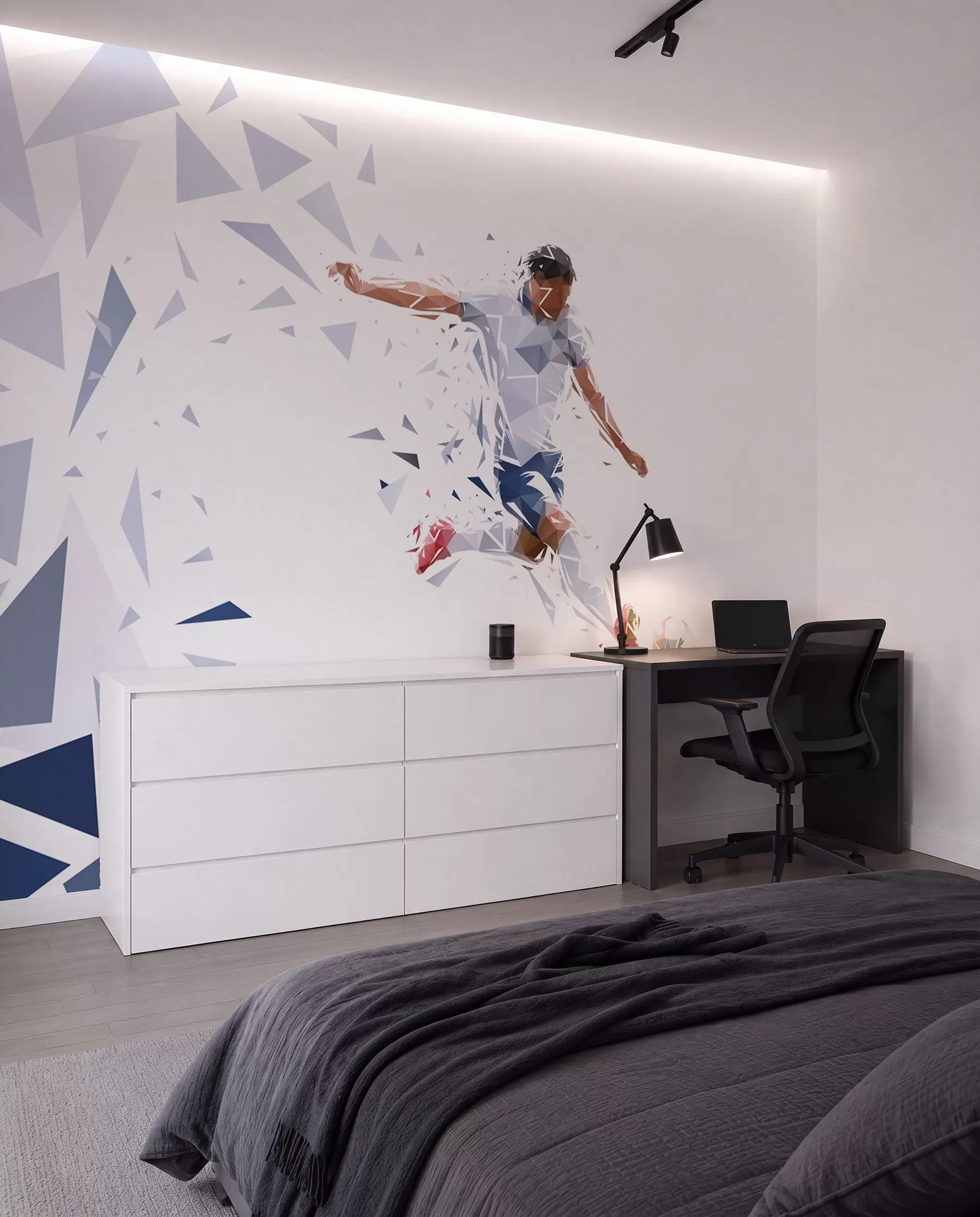 stenske poslikave Dinamičen nogometaš v slogu low-poly, ki udarja žogo w03289