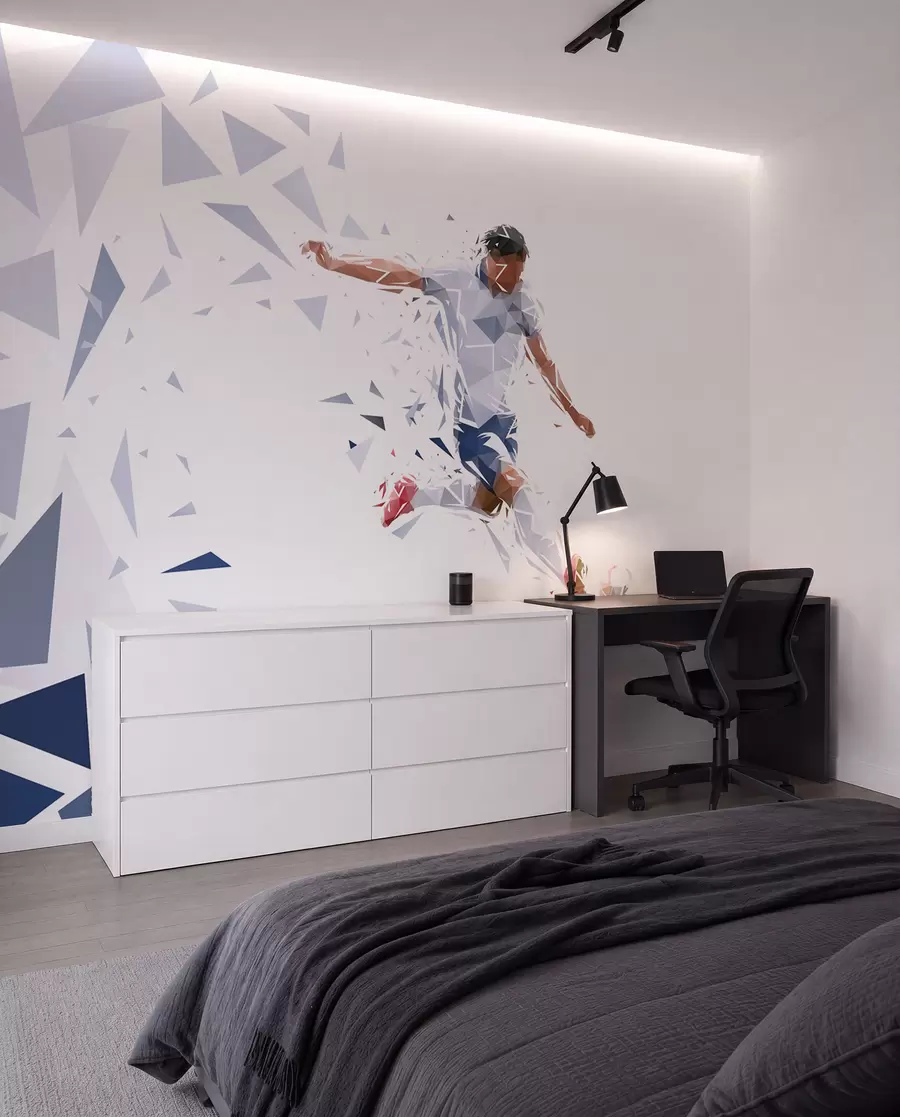 stenske poslikave Dinamičen nogometaš v slogu low-poly, ki udarja žogo w03289