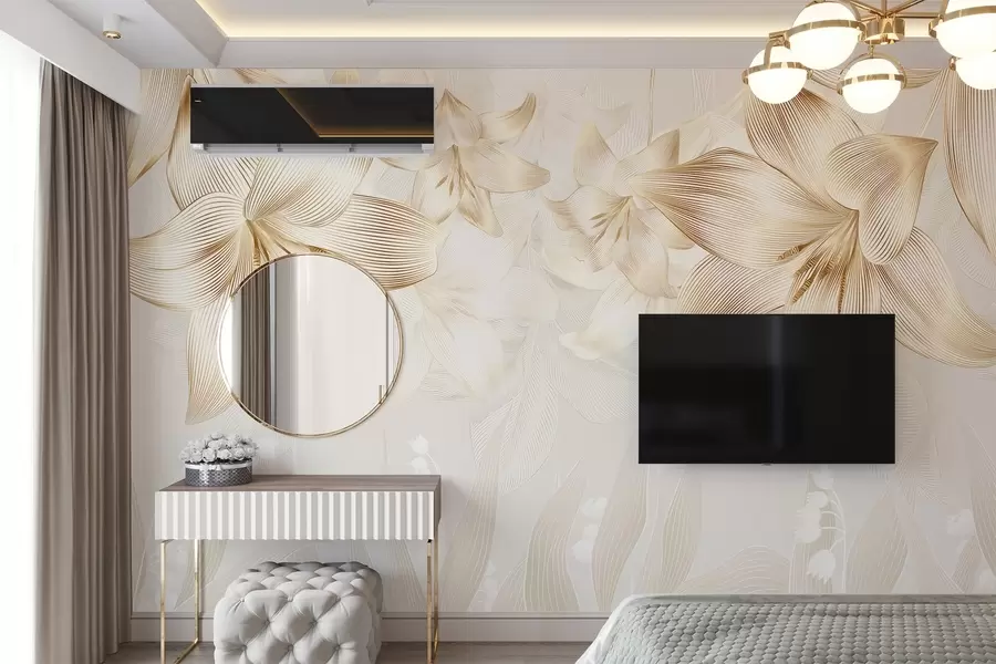 stenske poslikave Rumene lilije z zapletenimi detajli linij, eleganten cvetlični aranžma, nevtralna barvna paleta w08912