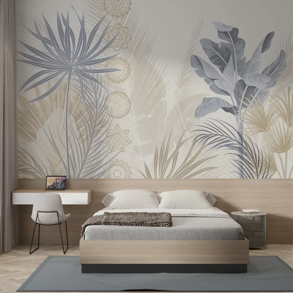 stenske poslikave Tropski listi v modrih in bež odtenkih, palmovi listi, listi banan in mandala ornamenti, svetlo ozadje w08913v2