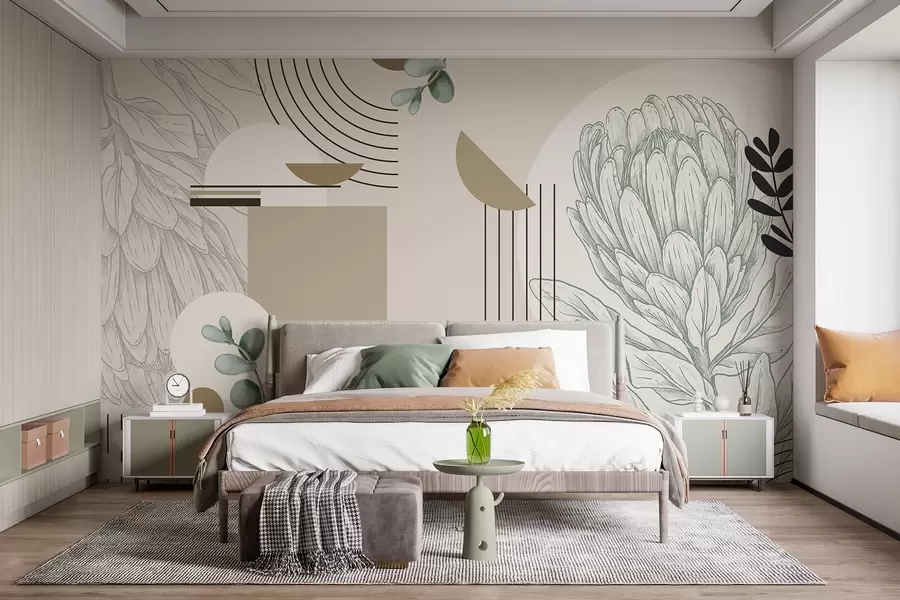 stenske poslikave Abstraktni botanični tisk s cvetom proteje, evkaliptusovimi listi, geometrijskimi oblikami v minimalističnem slogu, pastelne barve w08914