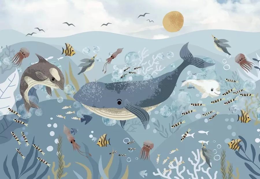stenske poslikave Otroška ilustracija srčkan tisk z modrim kitom, obkroženim z ribami, lignji, meduzami v modrem oceanu z mehurčki w08921
