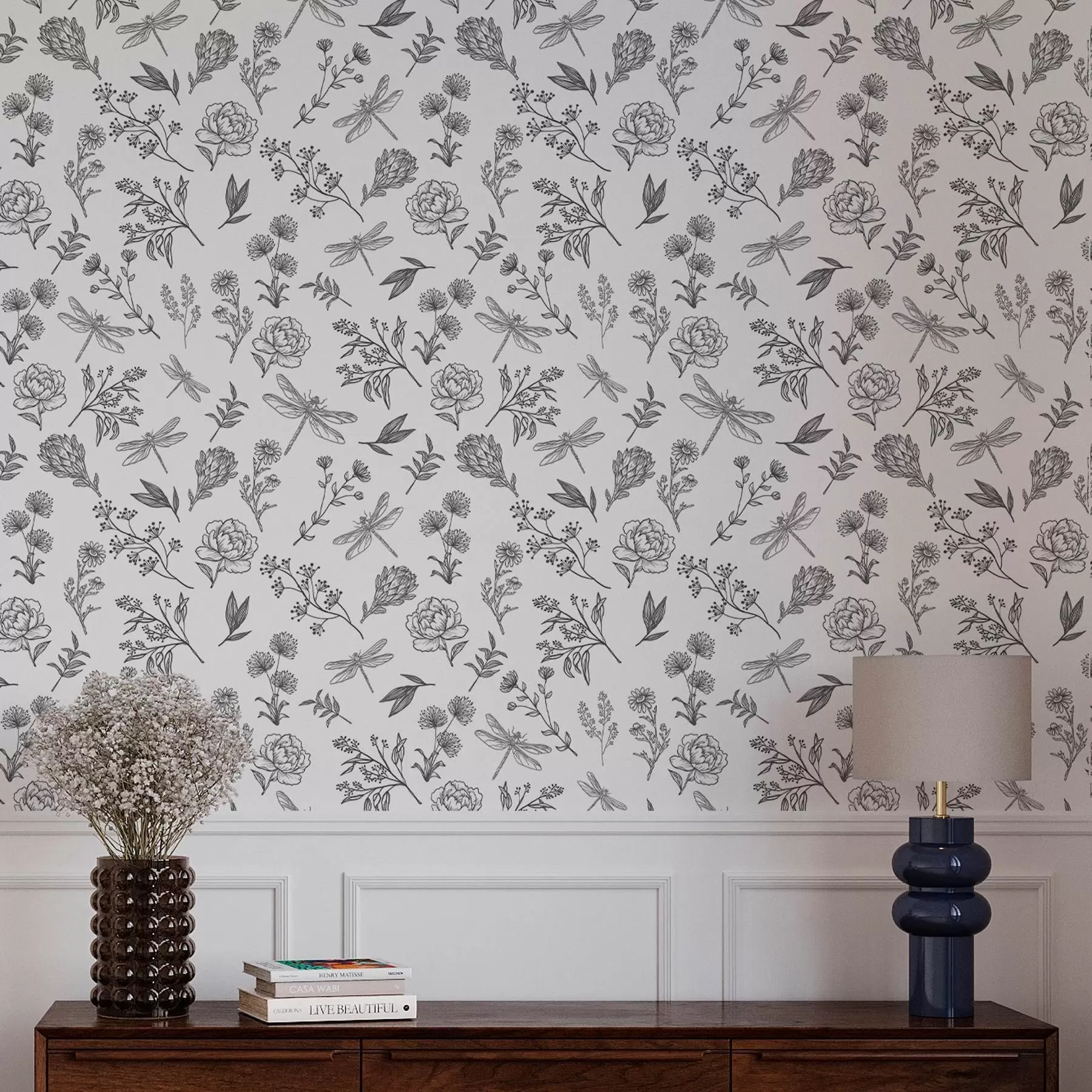 stenske poslikave Cvetovi, listi in povodni konji na belem ozadju a00025v1