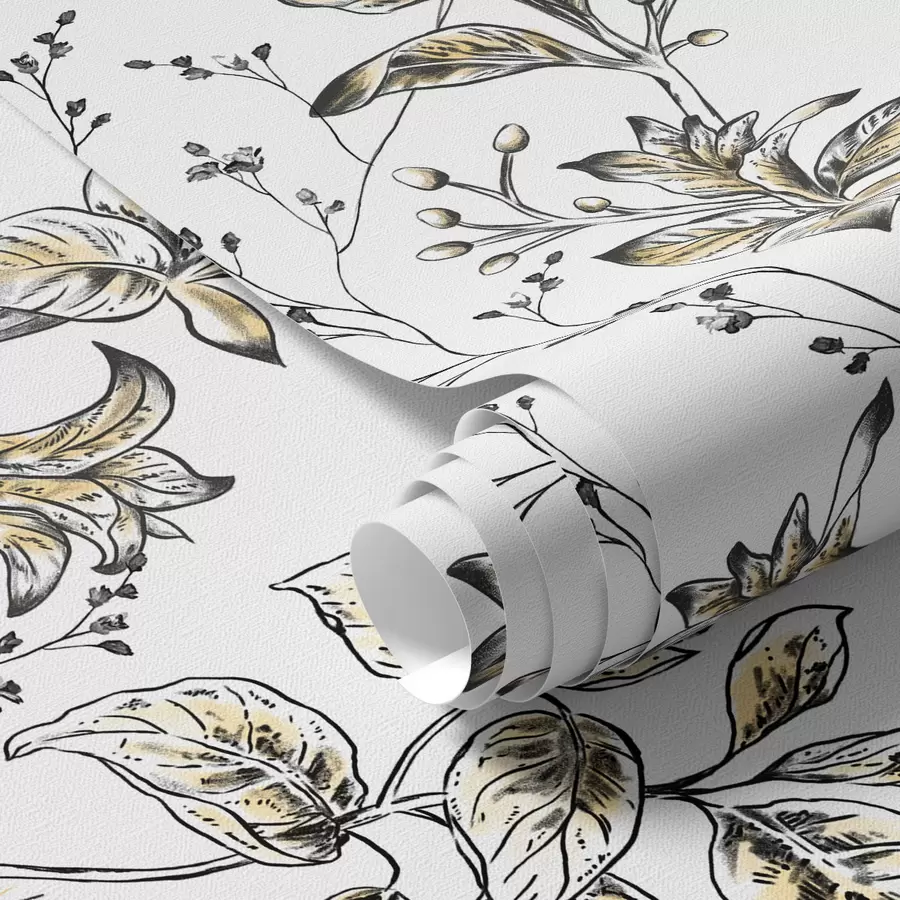 stenske poslikave Veje z rumenimi listi na belem ozadju a00098