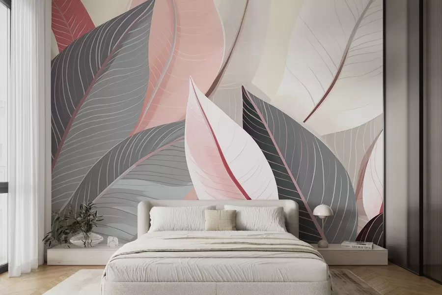 stenske poslikave Bližnji posnetek listov v sivih in rožnatih odtenkih w08944v1