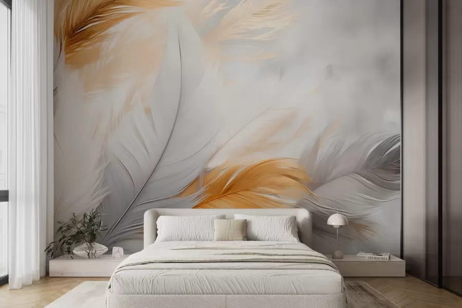 stenske poslikave Sivo in rumeno perje na sivem ozadju w08937