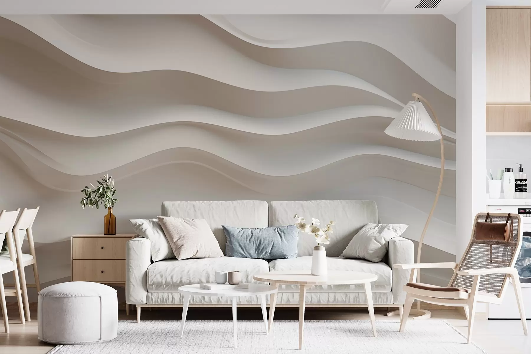 stenske poslikave 3D beli in sivi valovi w08939