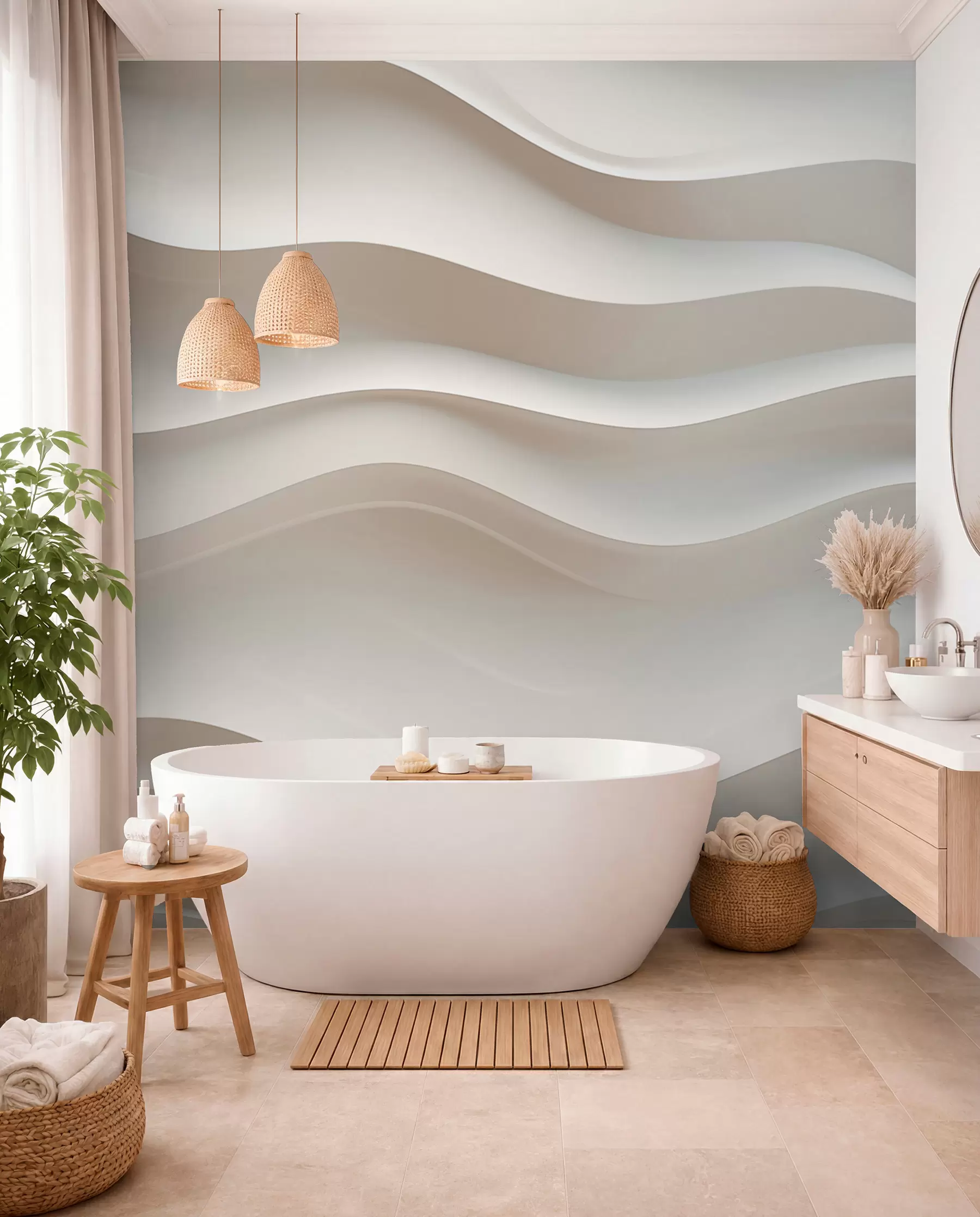 stenske poslikave 3D beli in sivi valovi w08939