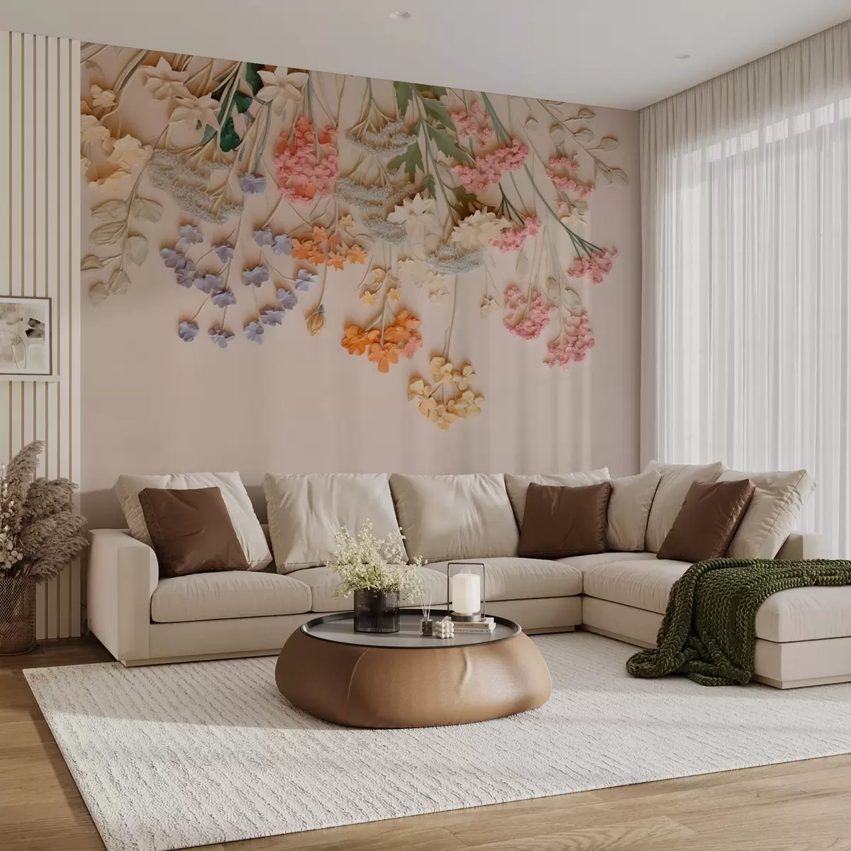 stenske poslikave Viseče voluminozne divje cvetlice na bež ozadju w08940