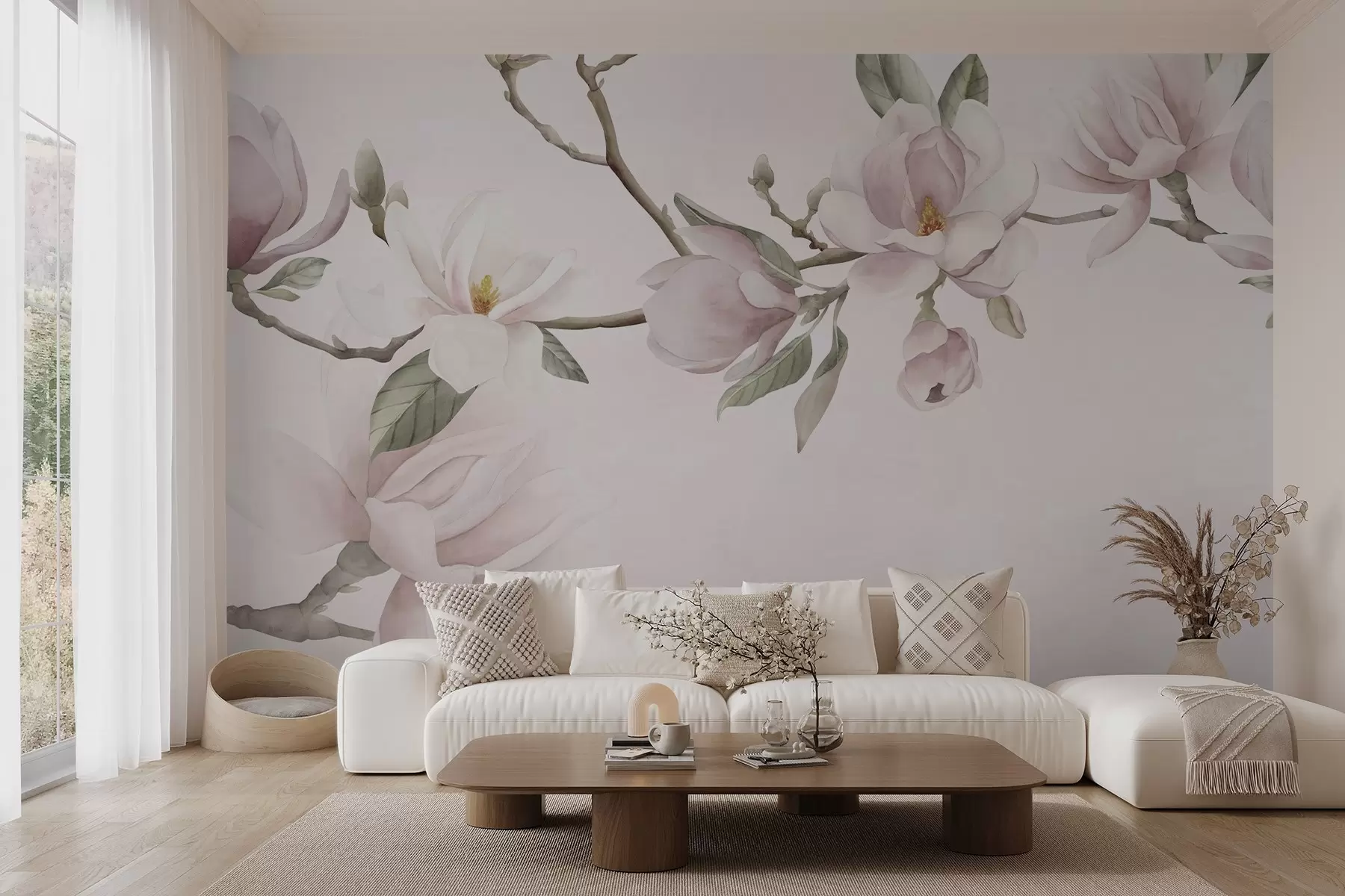 stenske poslikave Cvetoče veje magnolije v mehkih pastelnih tonih w03542
