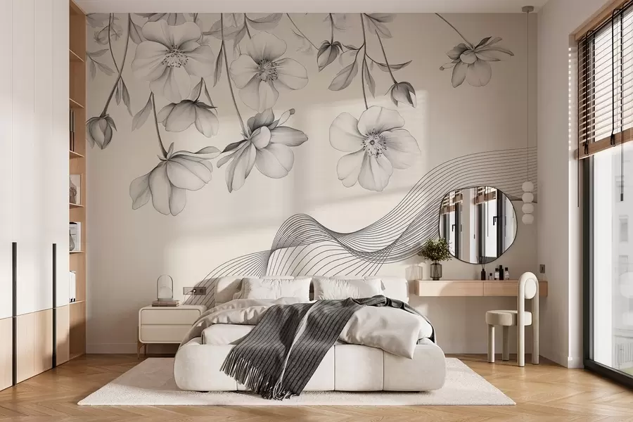 stenske poslikave grafično cvetje in črte na svetlem ozadju w03454