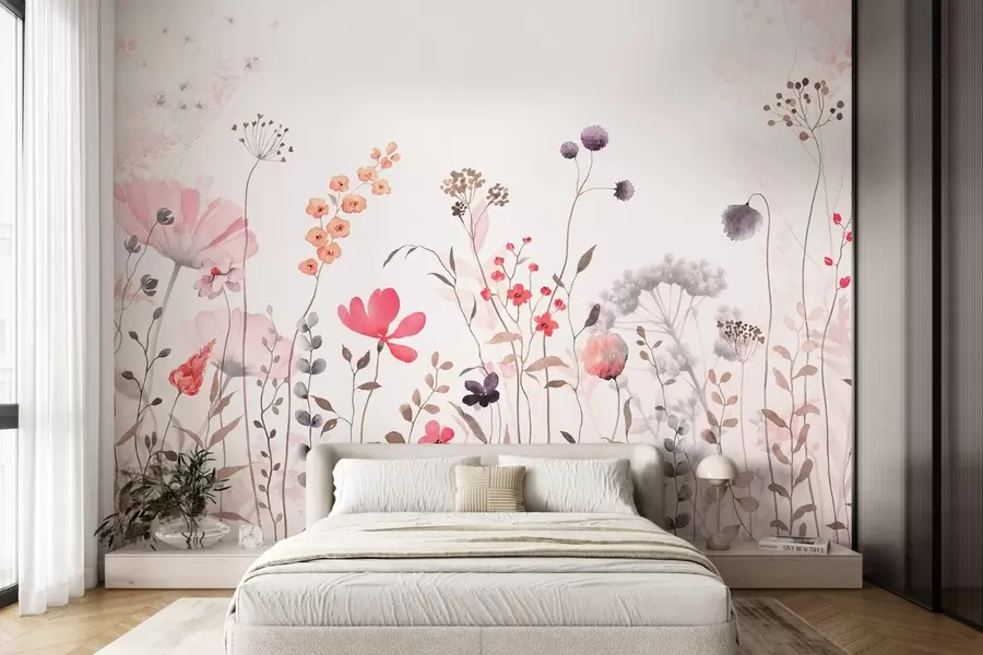 stenske poslikave Divje cvetlice v akvarelnem slogu z makom, krizantemami, regratom in travo w08956