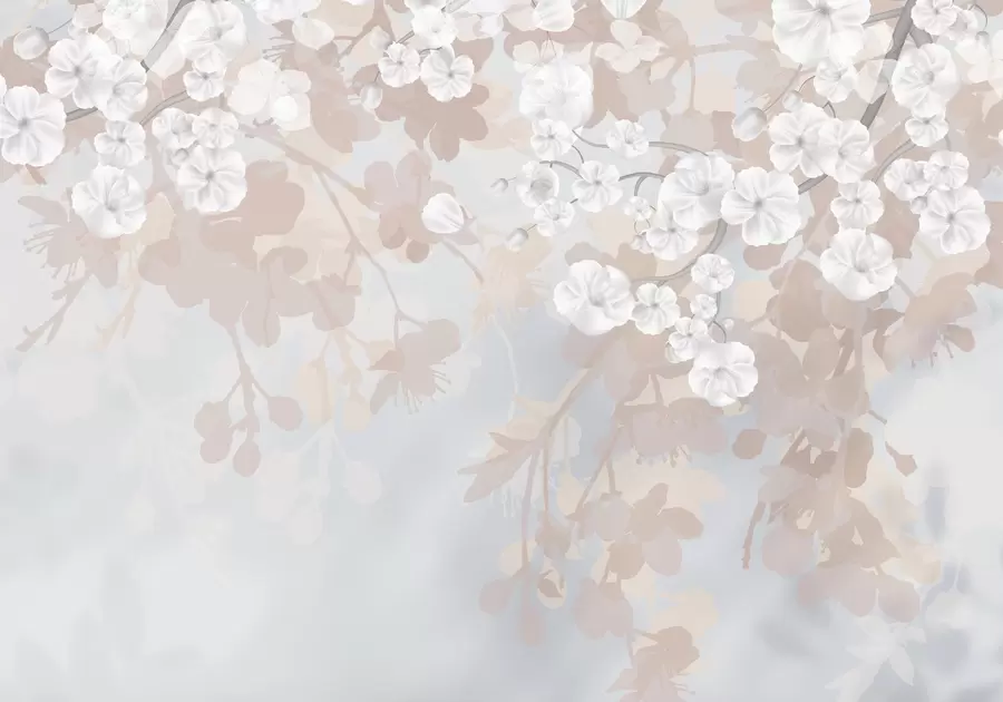 stenske poslikave Veje češnjevih cvetov z belimi cvetovi in sivimi listi na elegantnih cvetličnih silhuetah v nežnih pastelnih barvah w08973