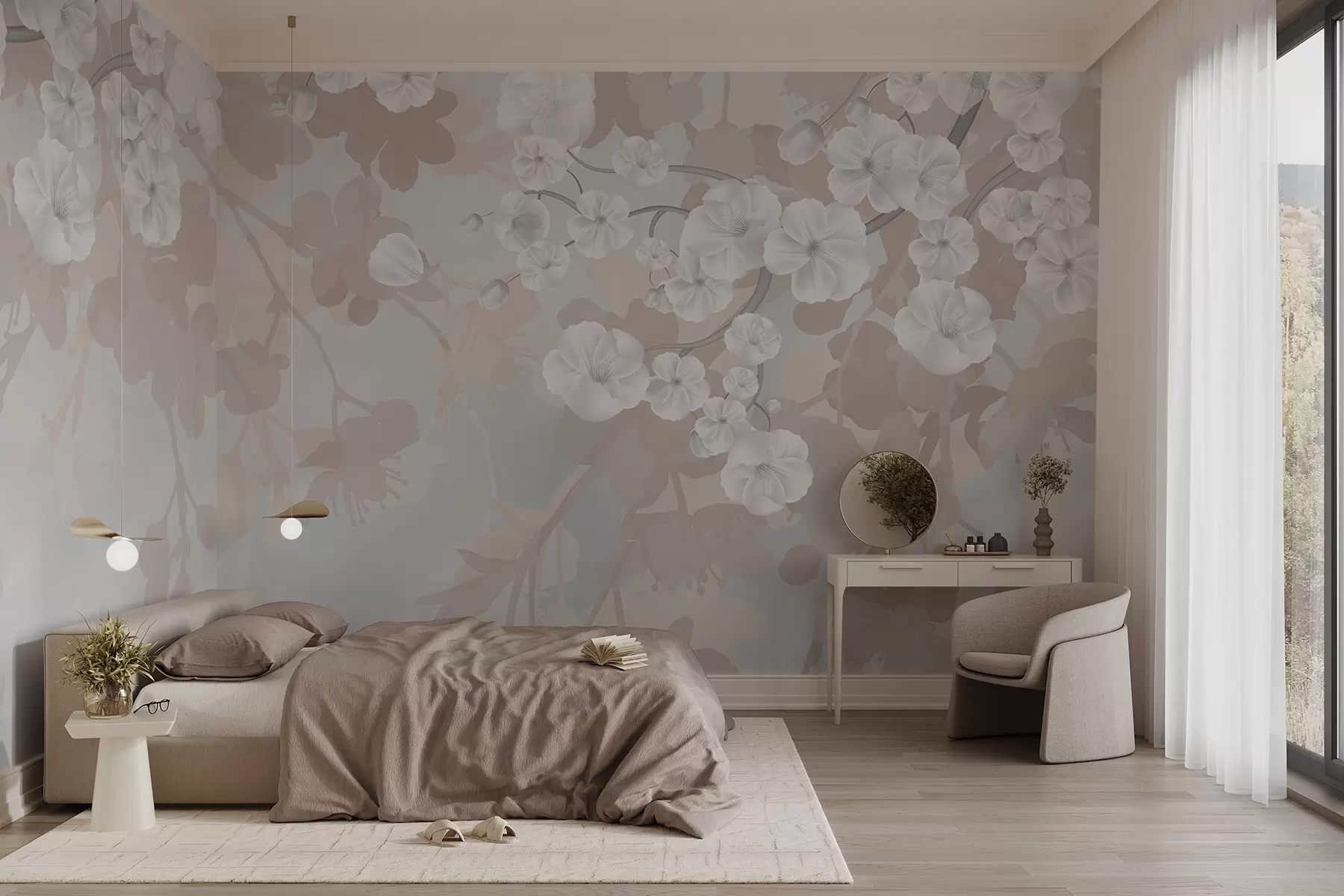 stenske poslikave Veje češnjevih cvetov z belimi cvetovi in sivimi listi na elegantnih cvetličnih silhuetah v nežnih pastelnih barvah w08973