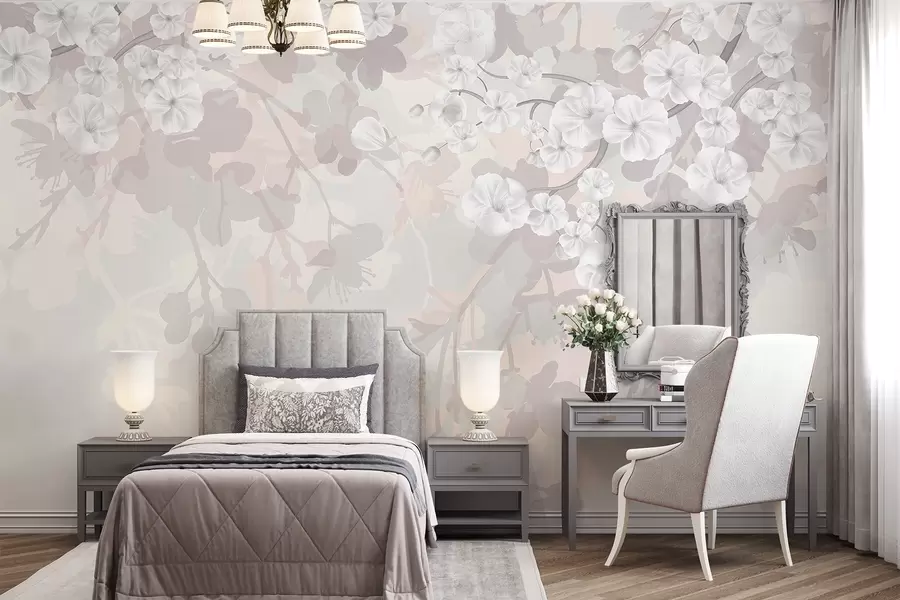 stenske poslikave Veje češnjevih cvetov z belimi cvetovi in sivimi listi na elegantnih cvetličnih silhuetah v nežnih pastelnih barvah w08973v1