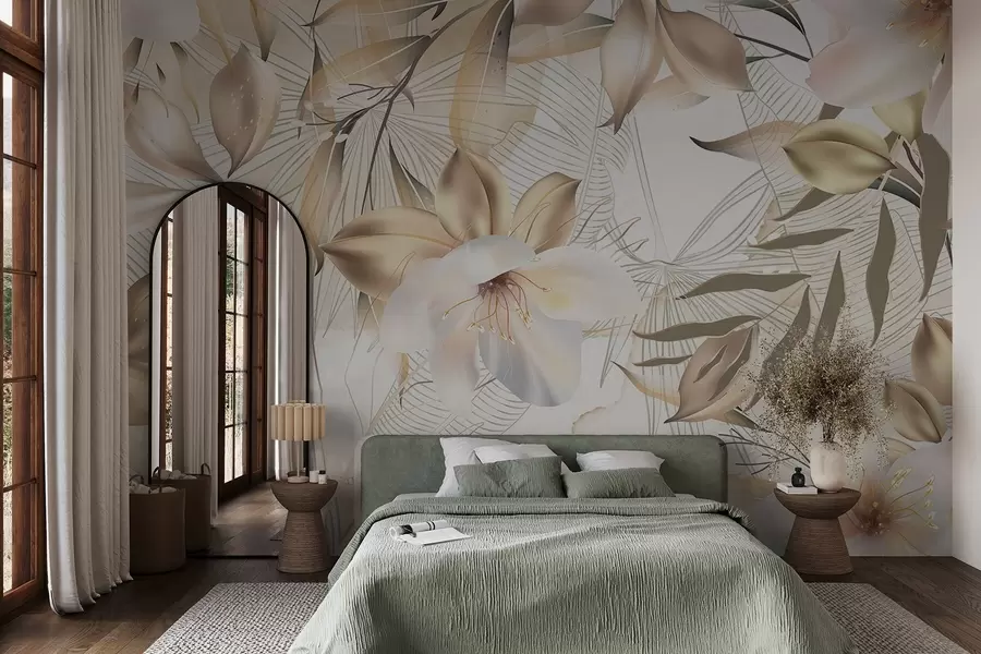 stenske poslikave Cvetovi in listi jasmina, mehke barve, botanična ilustracija, cvetlično ozadje , elegantno oblikovanje, občutljivi cvetni lističi w08977